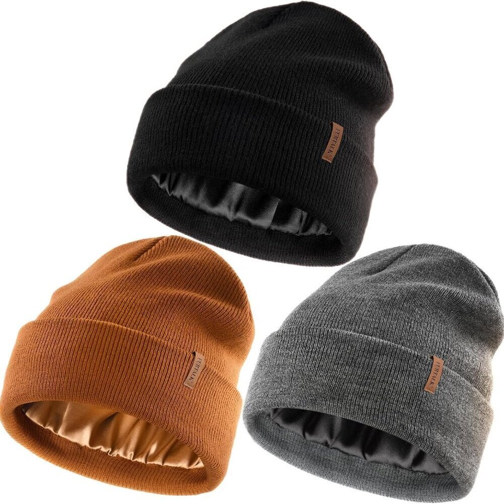 Women’s Satin Lined Knit Beanie Hat Unisex Cold Weather Slouchy Cap